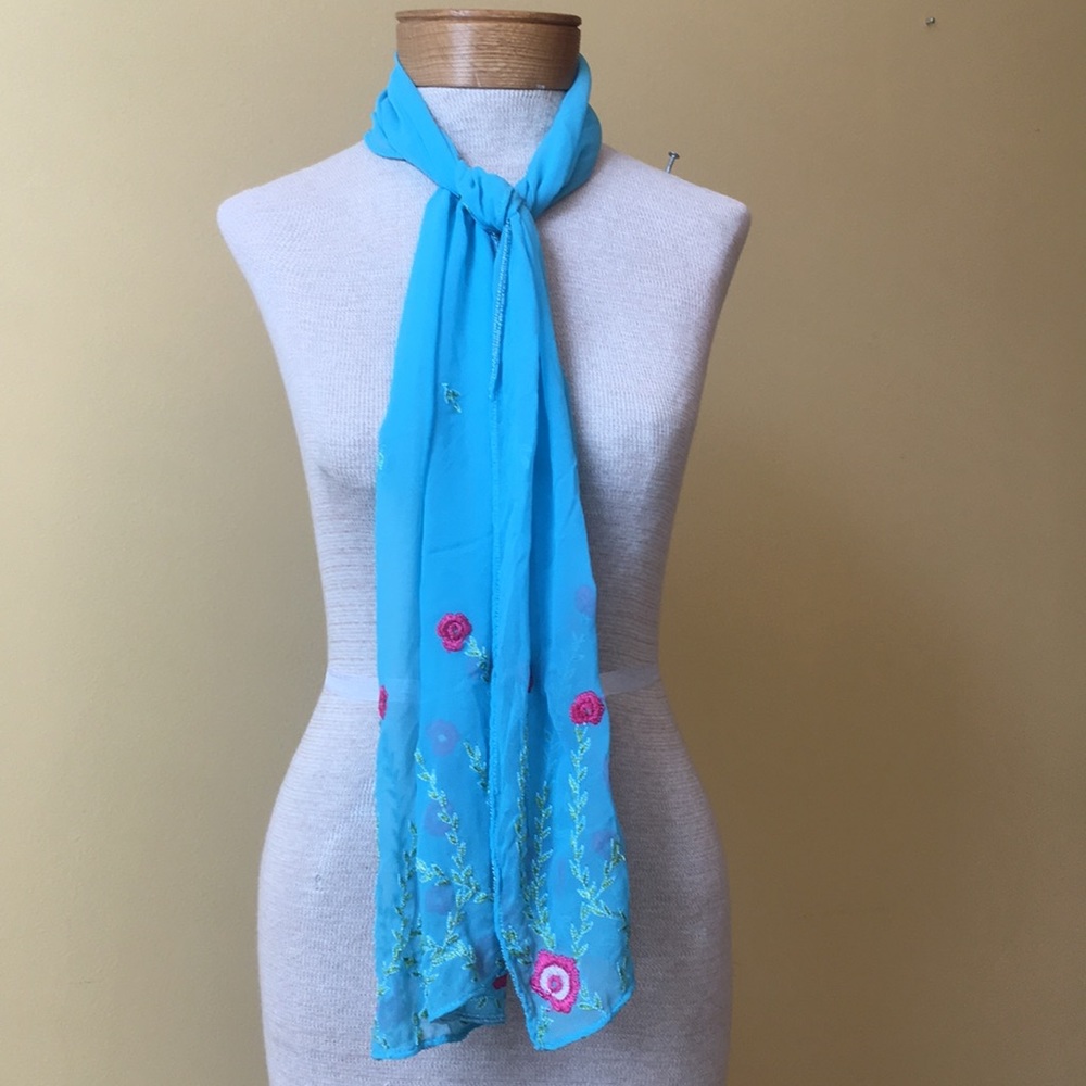 100% blue silk scarf with flowers